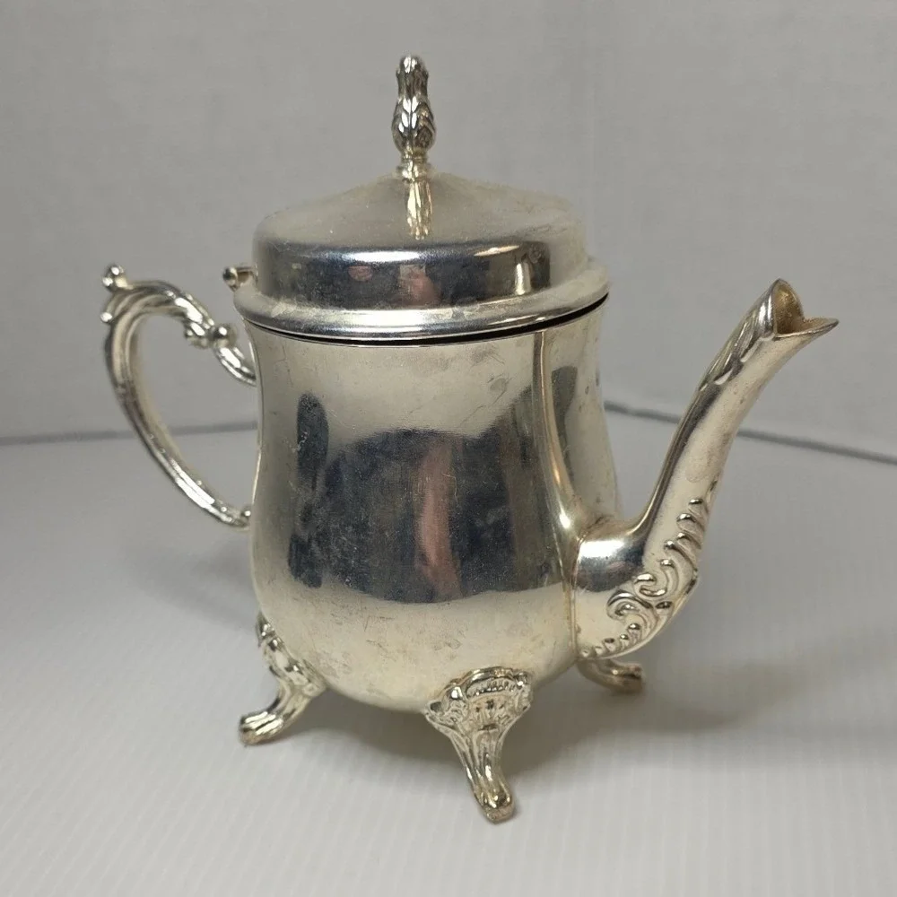 Vintage‎ Silver Plate Mini Teapot Creamer Ornate Footed Hinged Lid Unmarked